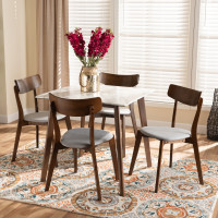 Baxton Studio Reba-SmokeWalnut-5PC Dining Set Baxton Studio Reba Mid-Century Modern Light Grey Fabric Upholstered and Walnut Brown Finished Wood with Faux Marble Dining Table